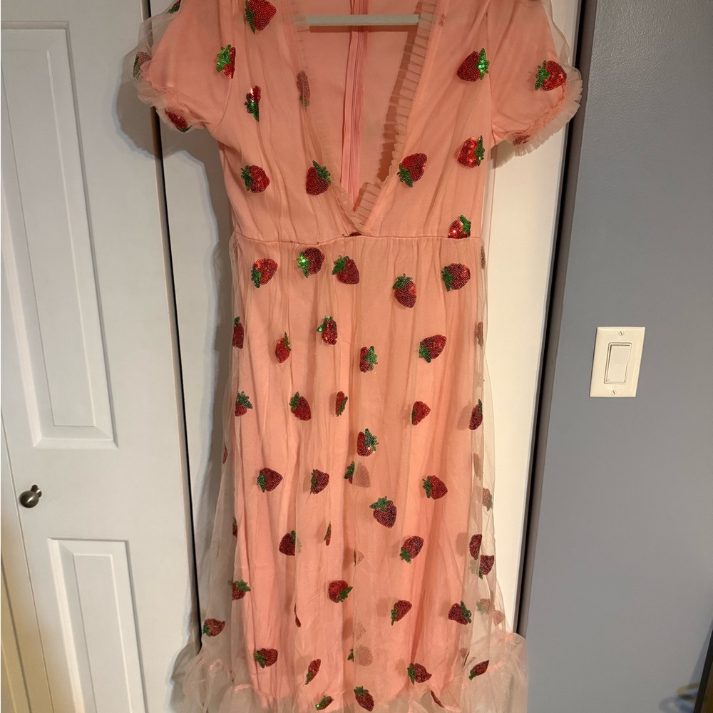 “The Strawberry Dress” Tulle Midi Cottage-core Fairy Pink Wrap Style Size M